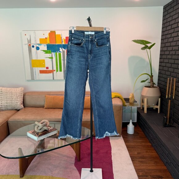 AYR The Namaste in Dark Wash High Waisted Kick Flare Ripped Ankle Crop Jeans 27 - Picture 1 of 5
